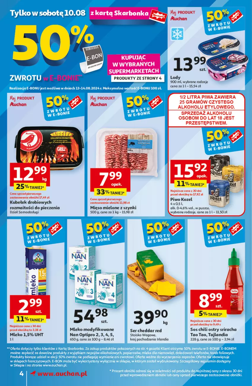 Gazetka promocyjna Auchan - Supermarket - ważna 08.08 do 14.08.2024 - strona 4 - produkty: Cheddar, Gra, Kozel, Lody, Mięso, Mięso mielone, Mięso mielone z szynki, Mleko, Mleko modyfikowane, NAN Optipro, Piec, Piwa, Piwo, Ser, Sos