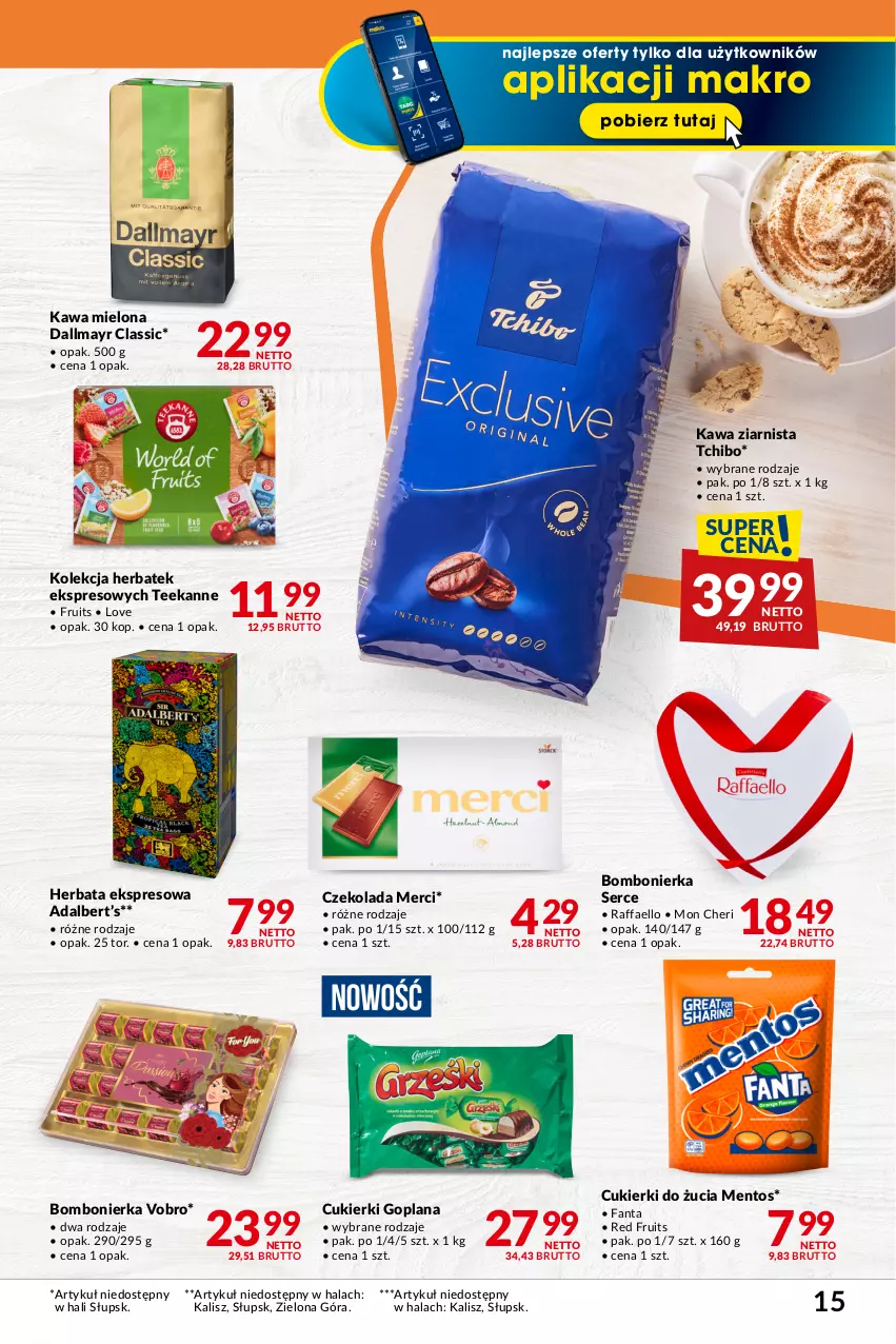 Gazetka promocyjna Makro - Najlepsze oferty - ważna 09.01 do 05.02.2024 - strona 15 - produkty: Cukier, Cukierki, Czekolada, Dallmayr, Fa, Fanta, Goplana, Herbata, Kawa, Kawa mielona, Kawa ziarnista, LANA, Mentos, Merci, Raffaello, Ser, Tchibo, Teekanne