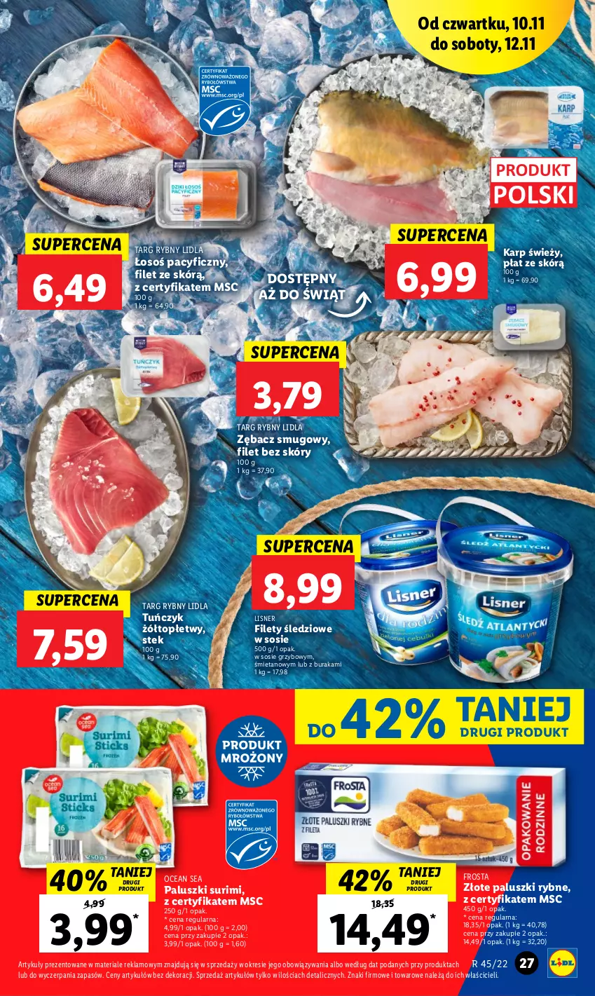 Gazetka promocyjna Lidl - GAZETKA - ważna 10.11 do 12.11.2022 - strona 29 - produkty: Frosta, Karp, Lisner, Paluszki rybne, Sos, Stek, Surimi, Top, Tuńczyk