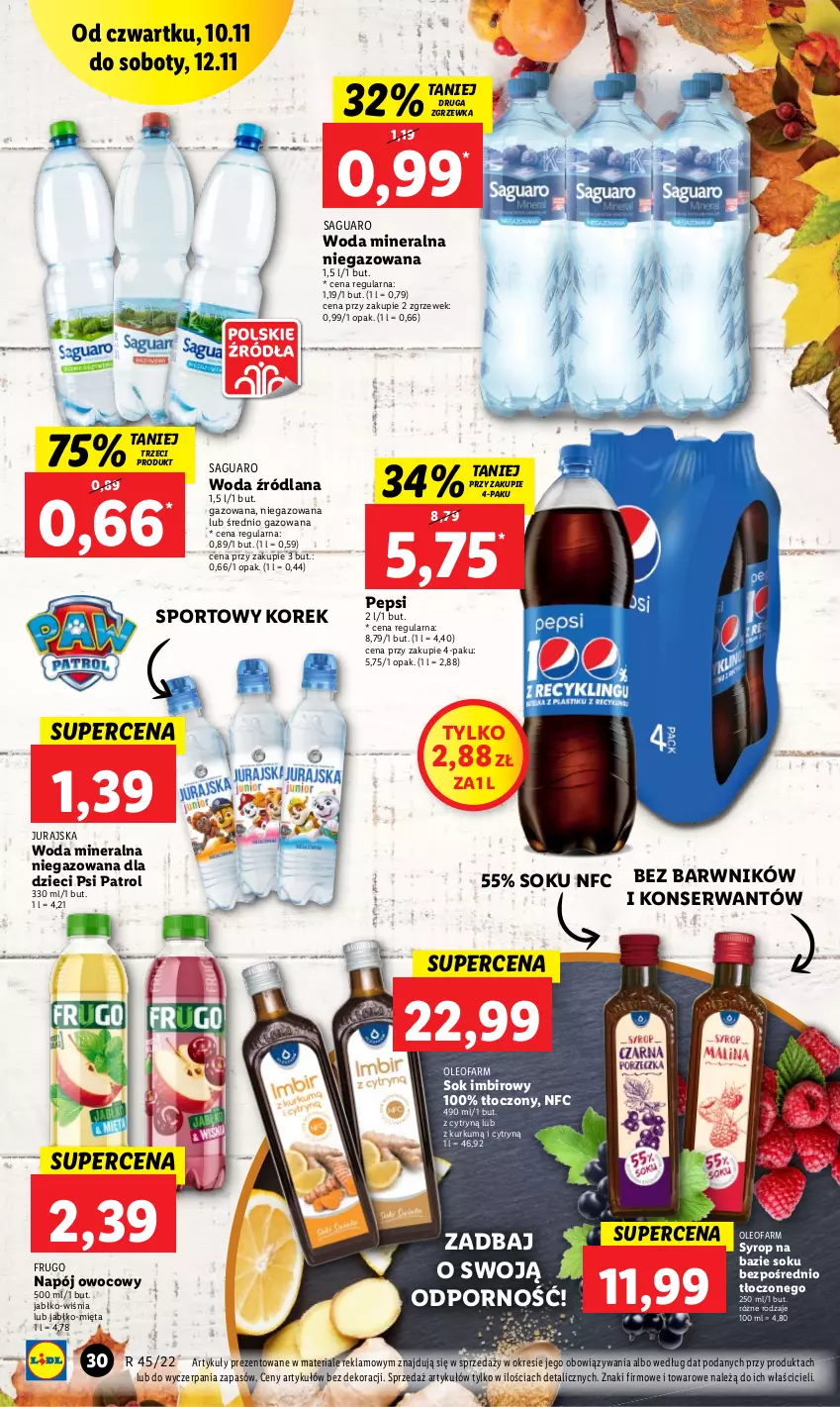 Gazetka promocyjna Lidl - GAZETKA - ważna 10.11 do 12.11.2022 - strona 32 - produkty: Dzieci, Fa, Imbir, LANA, Mięta, Napój, Oleo, Oleofarm, Pepsi, Por, Psi Patrol, Ser, Sok, Sport, Syrop, Woda, Woda mineralna