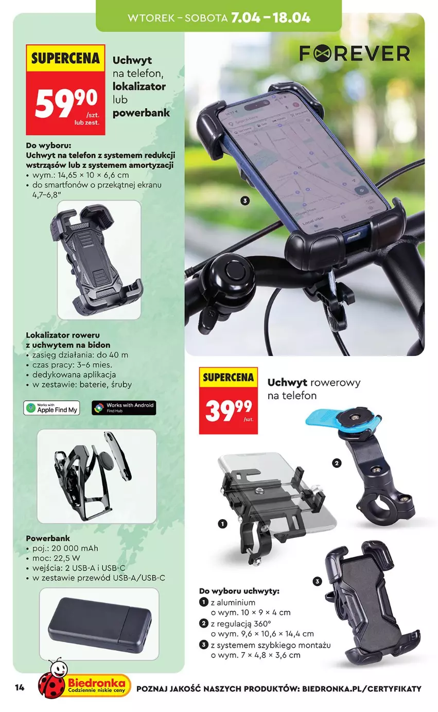 Gazetka promocyjna Biedronka - Okazje Tygodnia - ważna 07.04 do 18.04.2026 - strona 14 - produkty: Powerbank, Przewód, Rower, Smartfon, Telefon, Uchwyty