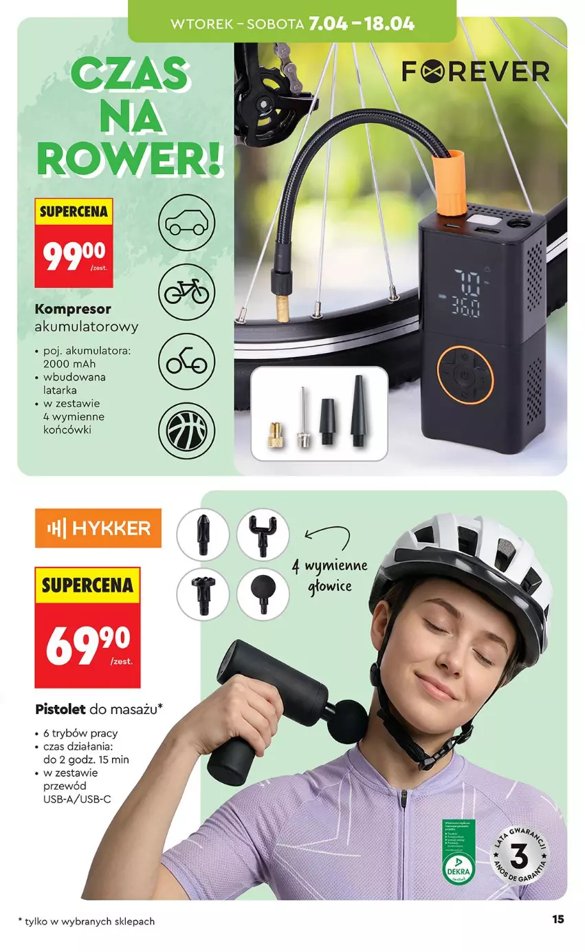 Gazetka promocyjna Biedronka - Okazje Tygodnia - ważna 07.04 do 18.04.2026 - strona 15 - produkty: Akumulator, Fa, Kompresor, Latarka, Pistolet, Przewód, Rower, Tarka