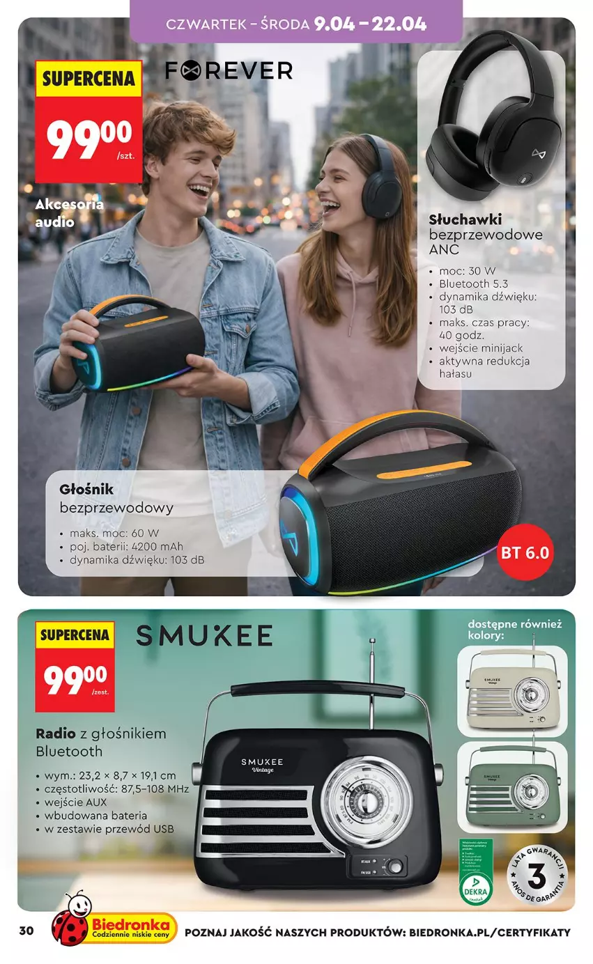 Gazetka promocyjna Biedronka - Okazje Tygodnia - ważna 07.04 do 18.04.2026 - strona 30 - produkty: Bateria, Głośnik, Przewód, Słuchawki, Słuchawki bezprzewodowe