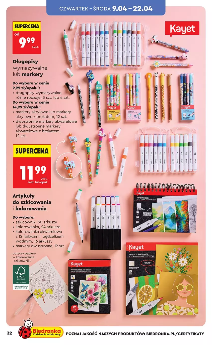 Gazetka promocyjna Biedronka - Okazje Tygodnia - ważna 07.04 do 18.04.2026 - strona 32 - produkty: Długopis, Fa, Kolorowanka, Marker, Papier, Szkicownik