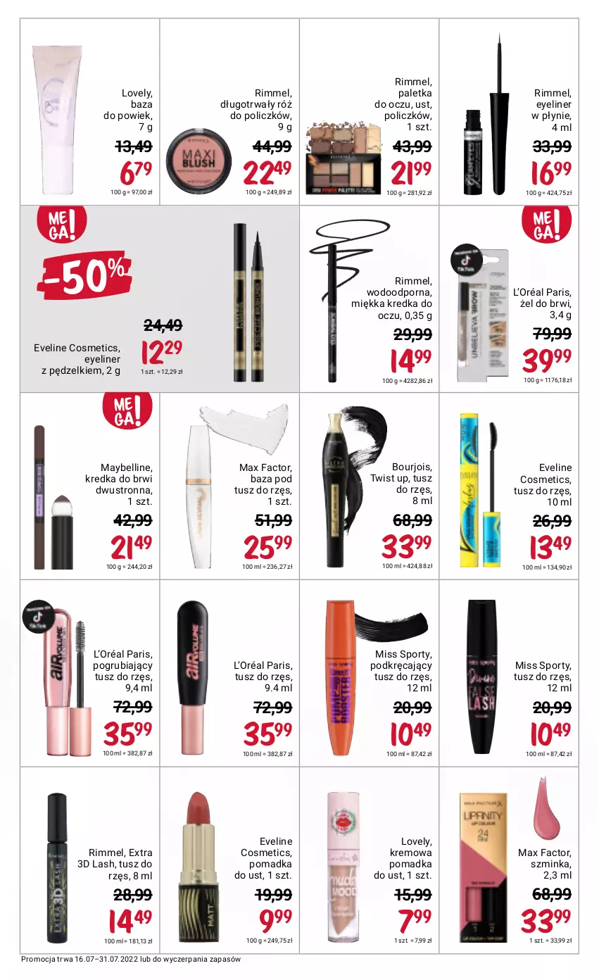 Gazetka promocyjna Rossmann - ważna 16.07 do 31.07.2022 - strona 11 - produkty: Baza pod tusz, Bell, Bourjois, Eveline, Fa, Inka, Kredka, Kredka do brwi, L’Oréal, Lovely, Max Factor, Maybelline, Miss Sporty, Por, Róż do policzków, Sport, Szminka, Tusz