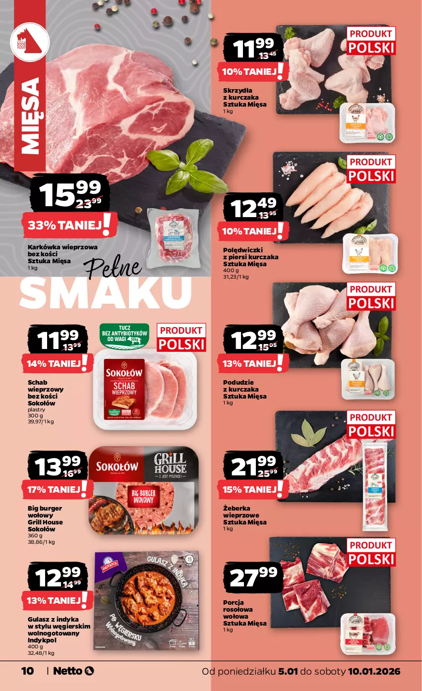 Gazetka promocyjna Netto - Od Poniedziałku - ważna 05.01 do 10.01.2026 - strona 10 - produkty: Burger, Grill, Karkówka wieprzowa, Kurczak, Podudzie z kurczaka, Por, Schab wieprzowy, Sok, Sokołów