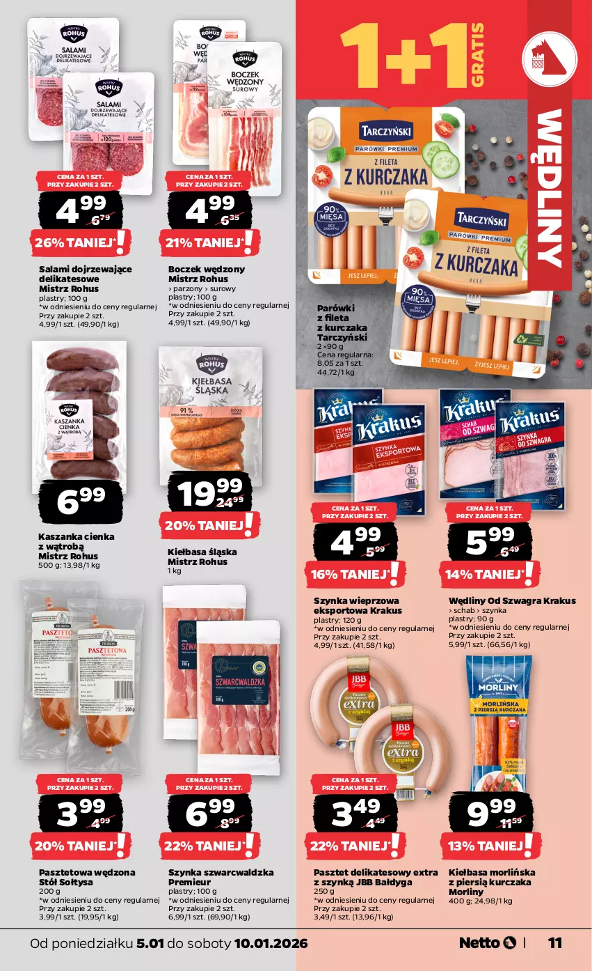 Gazetka promocyjna Netto - Od Poniedziałku - ważna 05.01 do 10.01.2026 - strona 11 - produkty: Boczek, Gra, Kasza, Kaszanka, Kiełbasa, Kiełbasa śląska, Krakus, Kurczak, Morliny, Parówki, Pasztet, Por, Salami, Sport, Stół, Szynka, Szynka wieprzowa, Tarczyński
