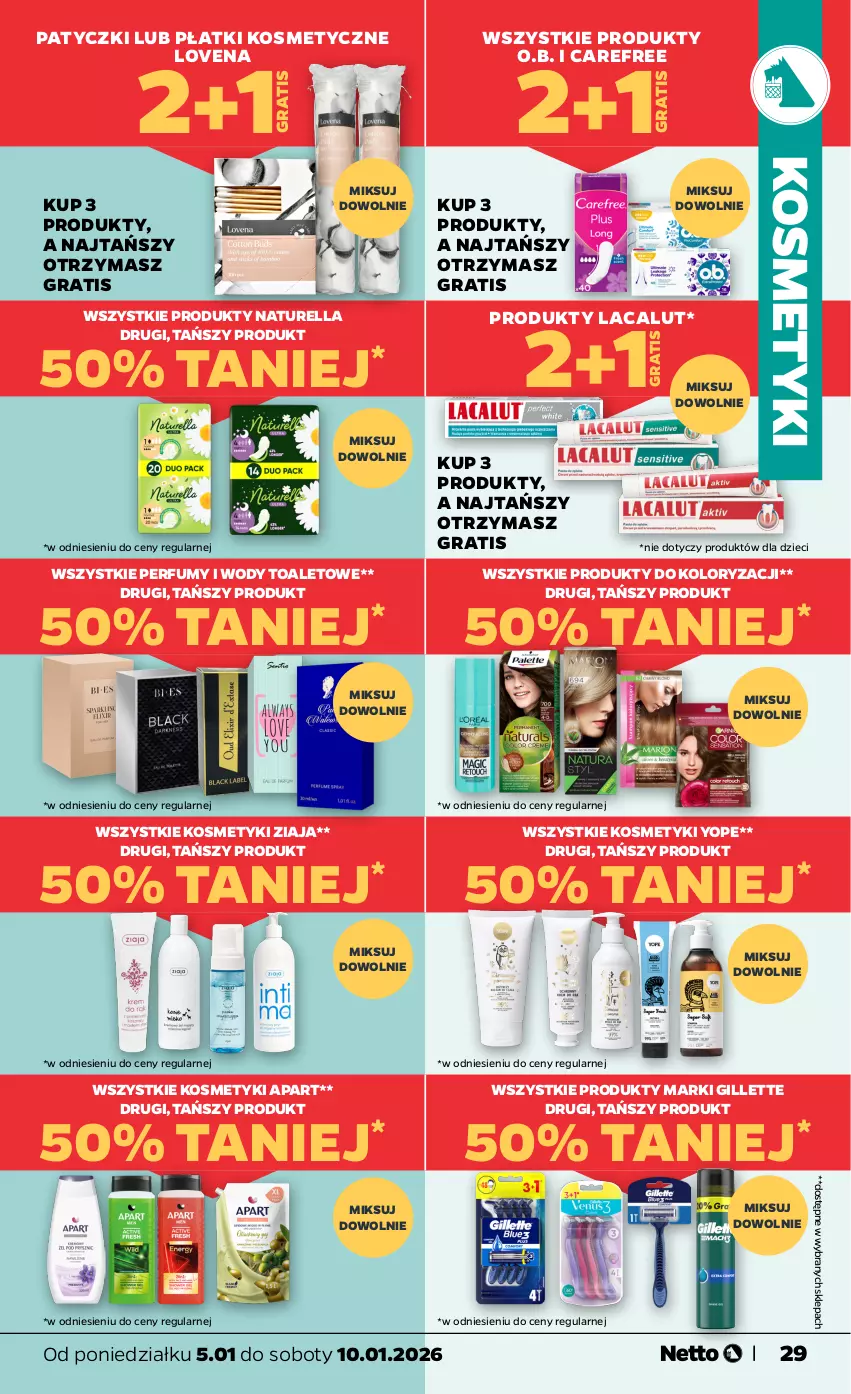 Gazetka promocyjna Netto - Od Poniedziałku - ważna 05.01 do 10.01.2026 - strona 29 - produkty: Carefree, Dzieci, Gillette, Gra, Lacalut, Naturell, Naturella, O.B., Perfum, Płatki kosmetyczne, Yope, Ziaja