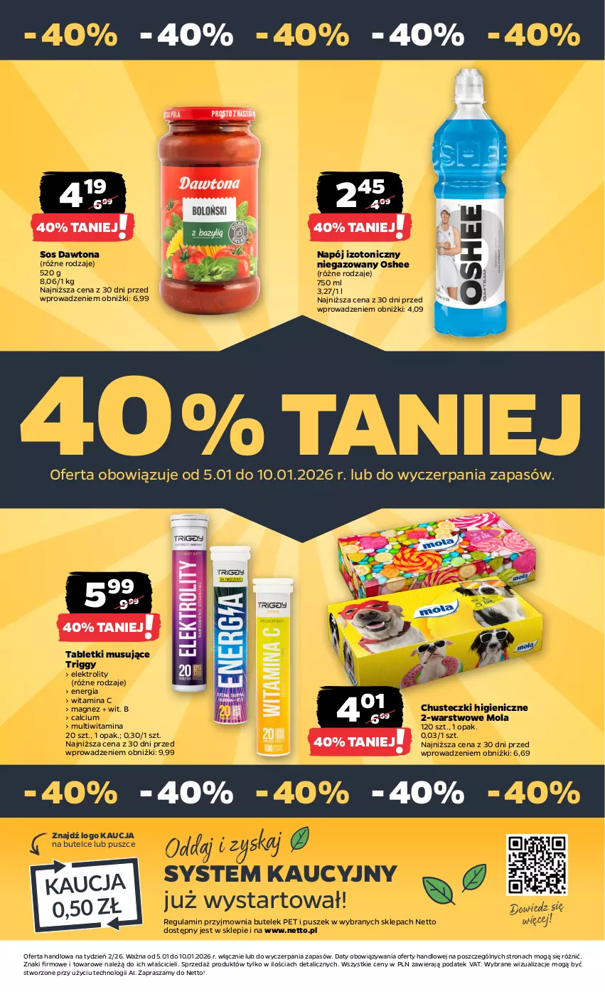 Gazetka promocyjna Netto - Od Poniedziałku - ważna 05.01 do 10.01.2026 - strona 32 - produkty: Calcium, Chusteczki, Dawtona, Magnez, Mola, Mus, Napój, Napój izotoniczny, Oshee, Sos, Tablet, Tabletki musujące