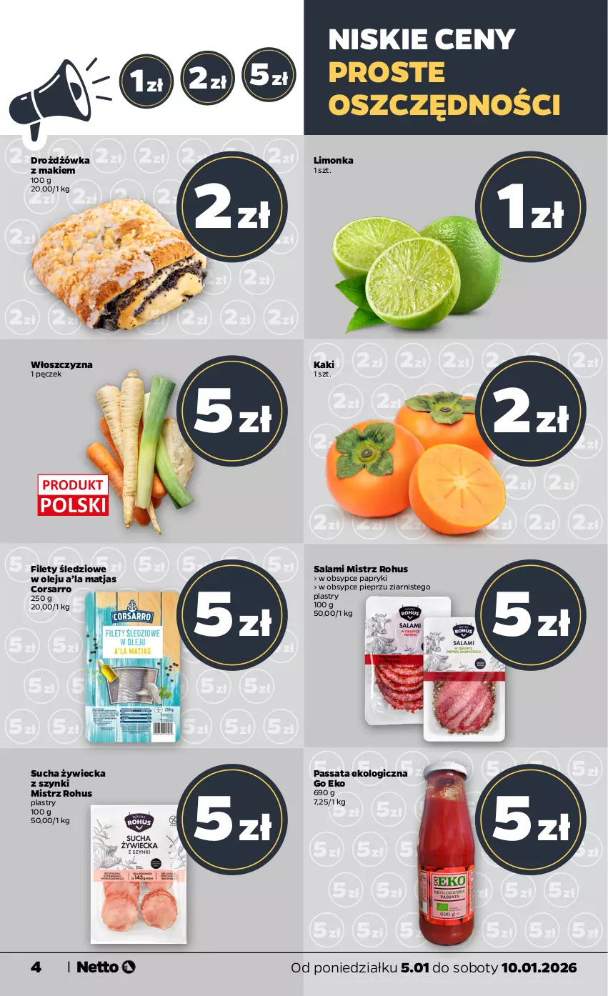 Gazetka promocyjna Netto - Od Poniedziałku - ważna 05.01 do 10.01.2026 - strona 4 - produkty: Kaki, Limonka, Matjas, Olej, Owoce, Pieprz, Salami, Warzywa