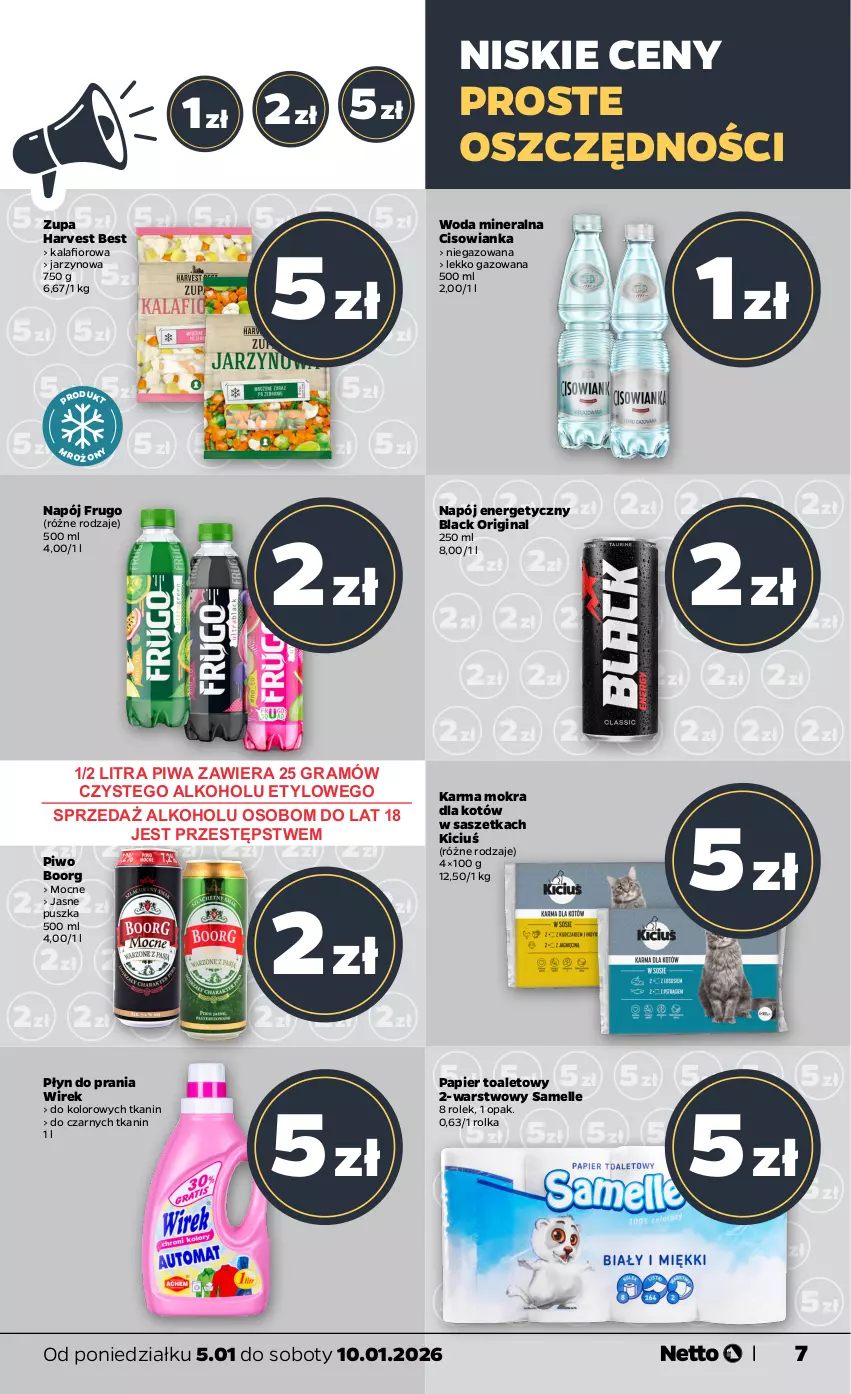 Gazetka promocyjna Netto - Od Poniedziałku - ważna 05.01 do 10.01.2026 - strona 7 - produkty: Cisowianka, Gin, Gra, Kalafior, Karma mokra dla kotów, Lack, Napój, Papier, Piwa, Piwo, Płyn do prania, Woda, Woda mineralna, Zupa