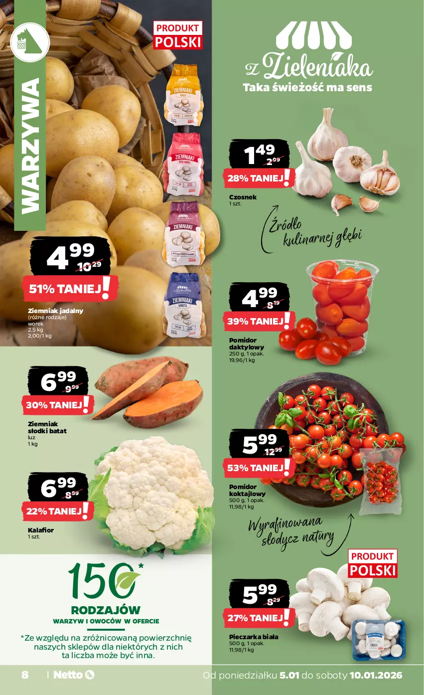 Gazetka promocyjna Netto - Od Poniedziałku - ważna 05.01 do 10.01.2026 - strona 8 - produkty: Czosnek, Kalafior, Piec, Pieczarka, Warzywa