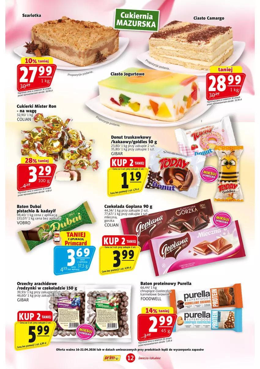 Gazetka promocyjna Prim Market - ważna 16.04 do 22.04.2026 - strona 12 - produkty: Baton, Brownie, Ciasto jogurtowe, Cukier, Cukierki, Czekolada, Donut, Goplana, Jogurt, Kakao, LANA, Pur, Rodzynki, Szarlotka