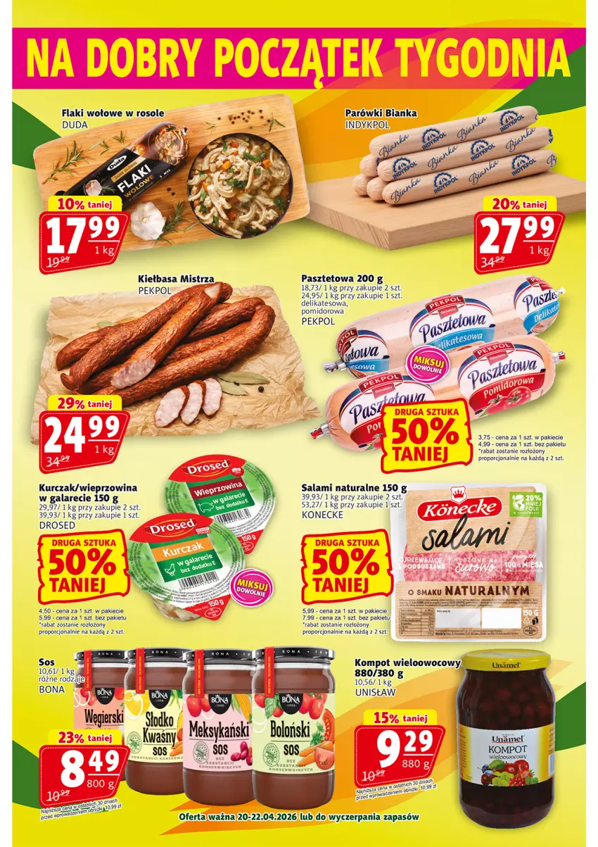 Gazetka promocyjna Prim Market - ważna 16.04 do 22.04.2026 - strona 20 - produkty: Bianka, Flaki, Flaki wołowe, Gala, Kiełbasa, Kurczak, Parówki, Pasztet, Pekpol, Por, Salami, Sos, Wieprzowina