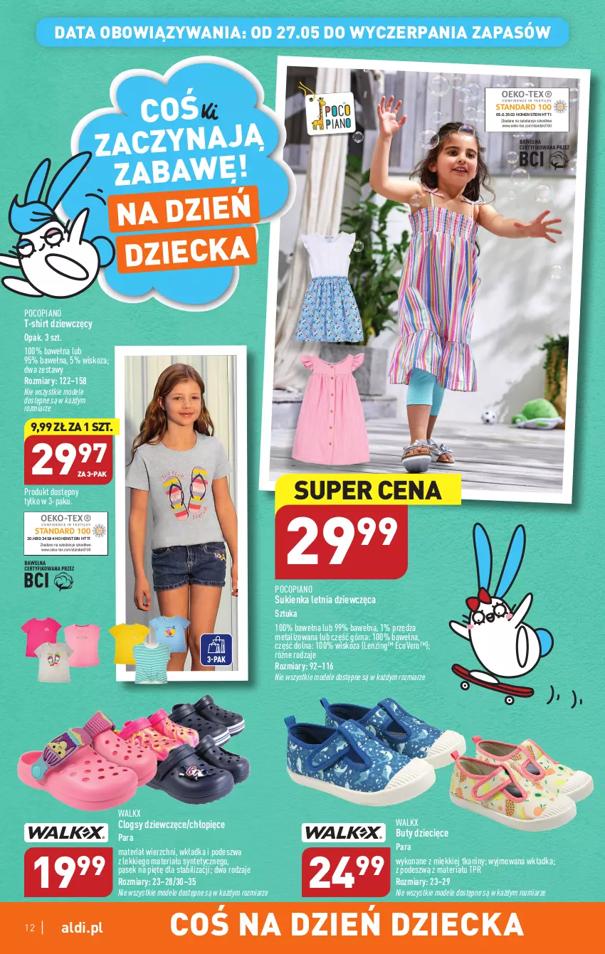 Gazetka promocyjna Aldi - ALDI ma to COŚ - ważna 24.05 do 27.05.2023 - strona 12 - produkty: Buty, Clogsy, Dzieci, Pasek, Pocopiano, Sukienka, T-shirt, Wełna