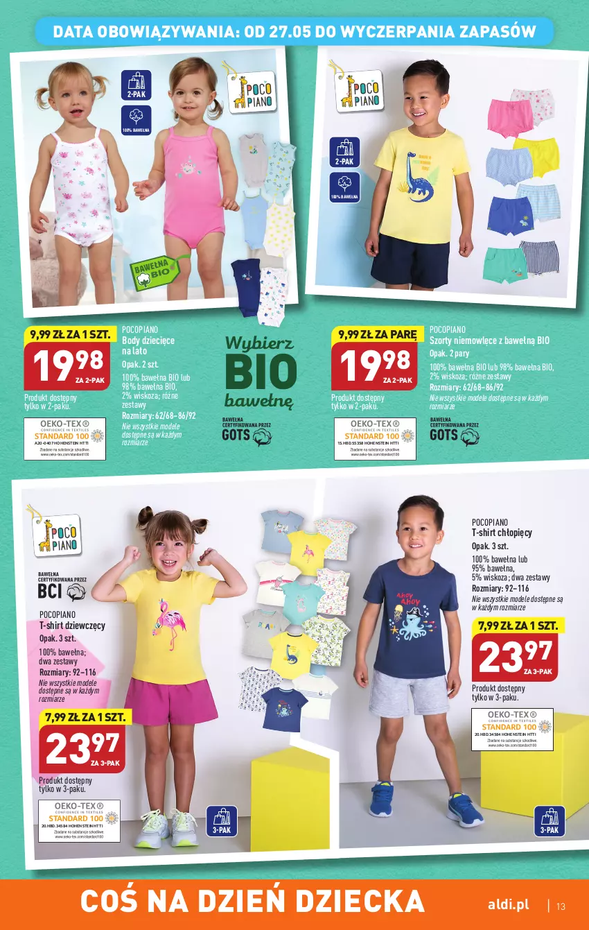 Gazetka promocyjna Aldi - ALDI ma to COŚ - ważna 24.05 do 27.05.2023 - strona 13 - produkty: Body, Dzieci, Pocopiano, Szorty, T-shirt, Wełna