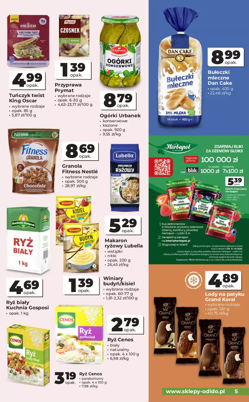Gazetka promocyjna Odido - Gazetka Odido - ważna 02.09 do 15.09.2026 - strona 5 - produkty: Bell, Bella, Budyń, Bułeczki, Bułeczki mleczne, Cenos, Dan Cake, Dżem, Gra, Granola, Herbapol, Kisiel, Kuchnia, Lody, Lubella, Makaron, Makaron ryżowy, Nestlé, Prymat, Ryż, Ryż biały, Ser, Tuńczyk, Winiary