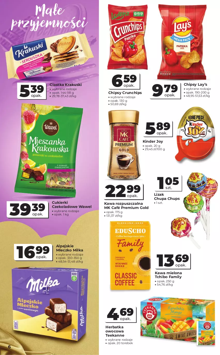 Gazetka promocyjna Odido - Gazetka Odido - ważna 02.09 do 15.09.2026 - strona 6 - produkty: Chipsy, Chupa Chups, Ciastka, Crunchips, Cukier, Cukierki, Cukierki czekoladowe, Fa, Kawa, Kawa mielona, Kawa rozpuszczalna, Kinder, Krakus, Krakuski, Lay’s, Milka, Mleczko, Tchibo, Tchibo Family, Teekanne, Wawel