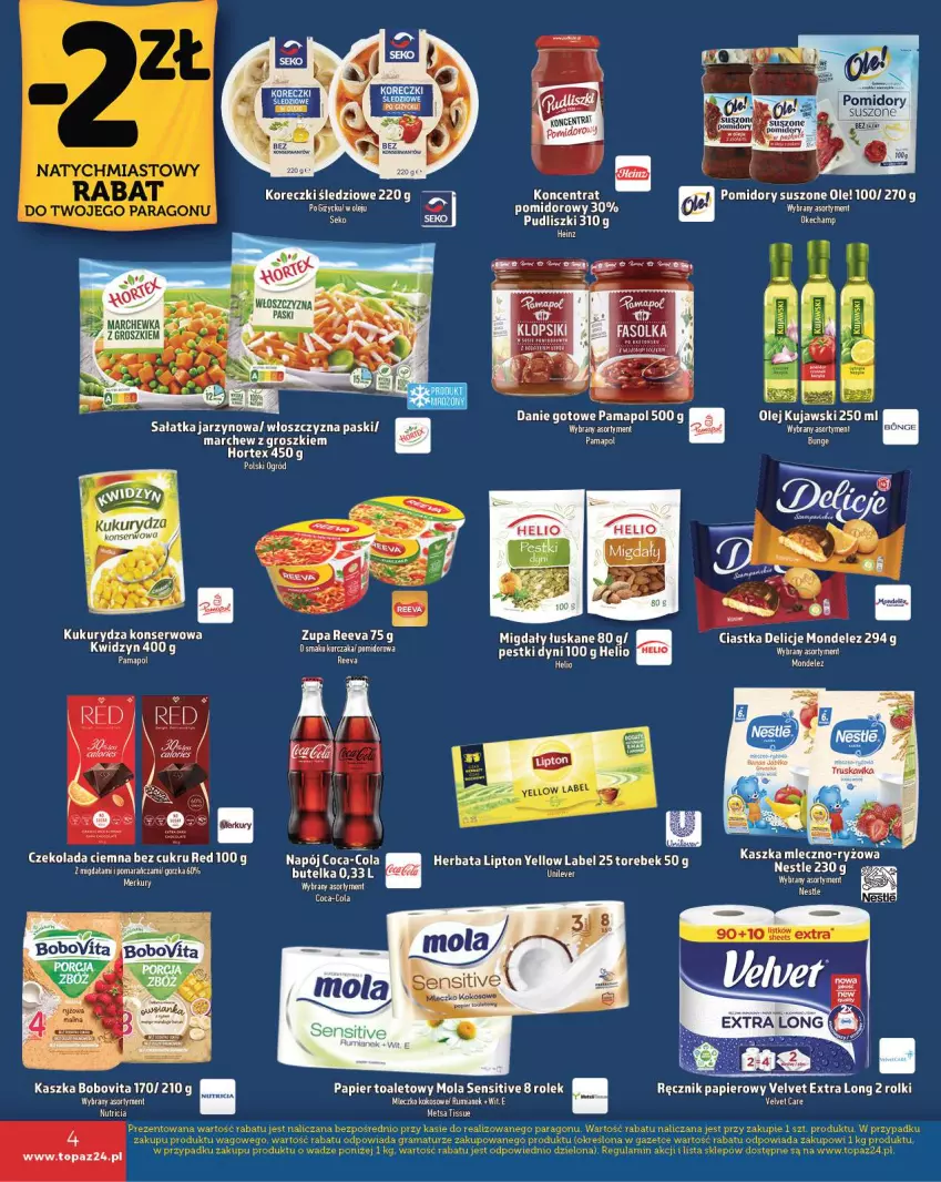 Gazetka promocyjna Topaz - Gazetka - ważna 14.11 do 27.11.2024 - strona 4 - produkty: BoboVita, Ciastka, Coca-Cola, Czekolada, Danie gotowe, Delicje, Heinz, Helio, Hortex, Kujawski, Kukurydza, Kukurydza konserwowa, Marchewka, Migdały, Migdały łuskane, Mola, Napój, Ogród, Ole!, Olej, Papier, Papier toaletowy, Pomidory, Pudliszki, Ręcznik, Rolki, Sałat, Sałatka, Ser, Top, Velvet, Zupa