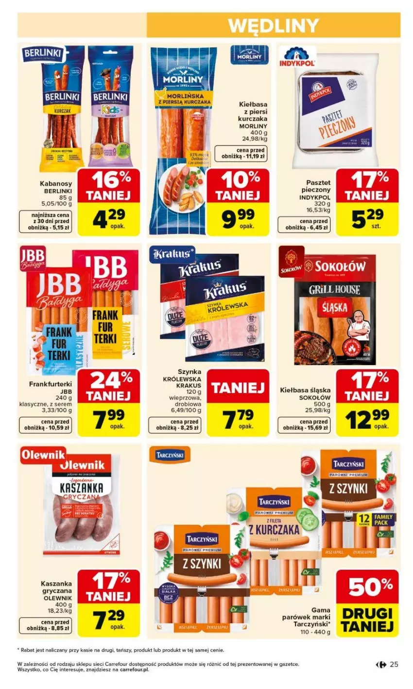 Gazetka promocyjna Carrefour - Gazetka Carrefour, Market od poniedziałku! - ważna 18.05 do 23.05.2026 - strona 27 - produkty: Berlinki, Fa, Frankfurterki, Gry, Kabanos, Kasza, Kaszanka, Kiełbasa, Kiełbasa śląska, Kiełbasa z piersi kurczaka, Kurczak, Morliny, Pasztet, Piec, Ser, Sok, Sokołów, Szynka, Tarczyński