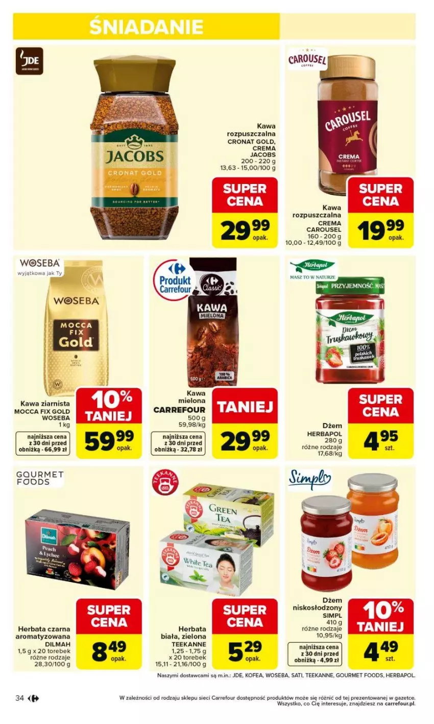 Gazetka promocyjna Carrefour - Gazetka Carrefour, Market od poniedziałku! - ważna 18.05 do 23.05.2026 - strona 36 - produkty: Dilmah, Dżem, Herbapol, Herbata, Herbata czarna, Jacobs, Kawa, Kawa mielona, Kawa rozpuszczalna, Kawa ziarnista, Mocca Fix Gold, Sati, Teekanne, Woseba
