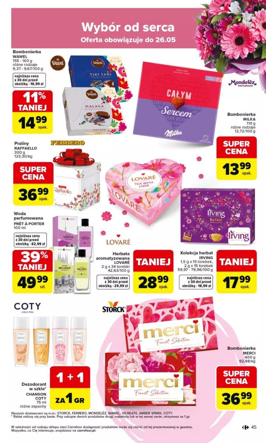 Gazetka promocyjna Carrefour - Gazetka Carrefour, Market od poniedziałku! - ważna 18.05 do 23.05.2026 - strona 47 - produkty: Dezodorant, Fa, Ferrero, Herbata, Irving, Merci, Milka, Perfum, Por, Praliny, Raffaello, Wawel, Woda