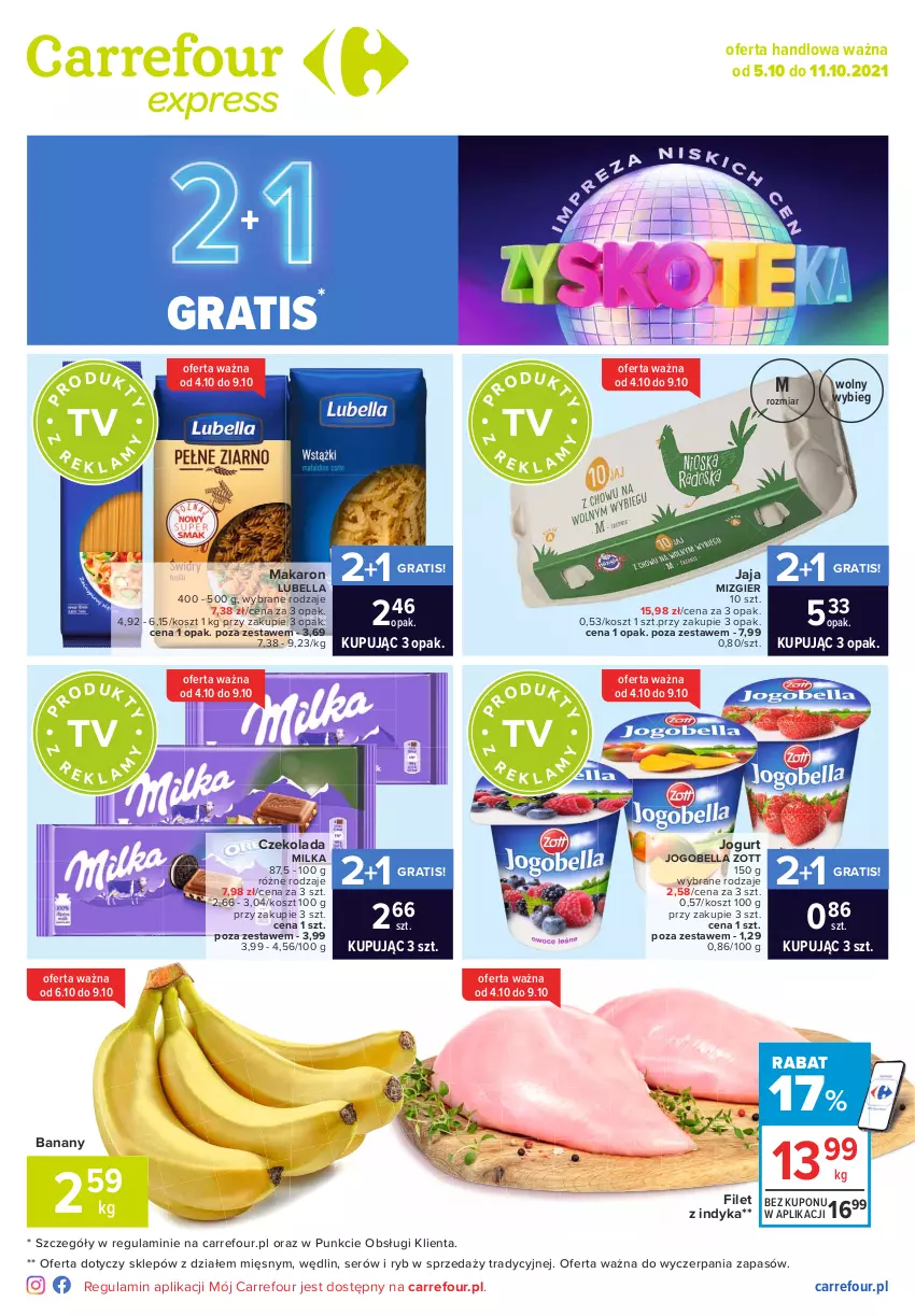 Gazetka promocyjna Carrefour - Gazetka Express - ważna 05.10 do 11.10.2021 - strona 1 - produkty: Banany, Bell, Bella, Czekolada, Gra, Jaja, Jogobella, Jogurt, Kosz, Lubella, Makaron, Milka, Ser, Zott