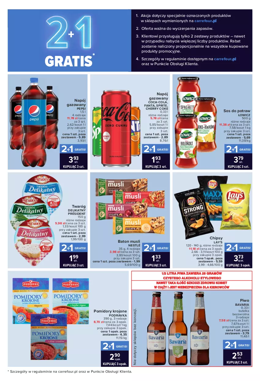 Gazetka promocyjna Carrefour - Gazetka Express - ważna 05.10 do 11.10.2021 - strona 4 - produkty: Baton, Chipsy, Coca-Cola, Fa, Fanta, Gra, Kosz, Lay’s, Mus, Napój, Napój gazowany, Nestlé, Pepsi, Piec, Piwa, Piwo, Podravka, Pomidory, Pomidory krojone, Por, Président, Sos, Sprite, Twaróg, Twaróg delikatny