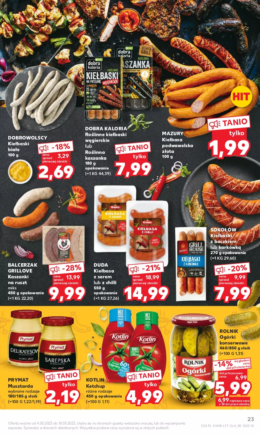 Gazetka promocyjna Kaufland - Gazetka tygodnia - ważna 04.05 do 10.05.2023 - strona 23 - produkty: Duda, Grill, Kasza, Kaszanka, Ketchup, Kiełbasa, Kiełbasa podwawelska, Kiełbaski białe, Kotlin, Mus, Musztarda, Ogórki konserwowe, Prymat, Rolnik, Roślinne kiełbaski, Ser, Sok, Sokołów, Wawel