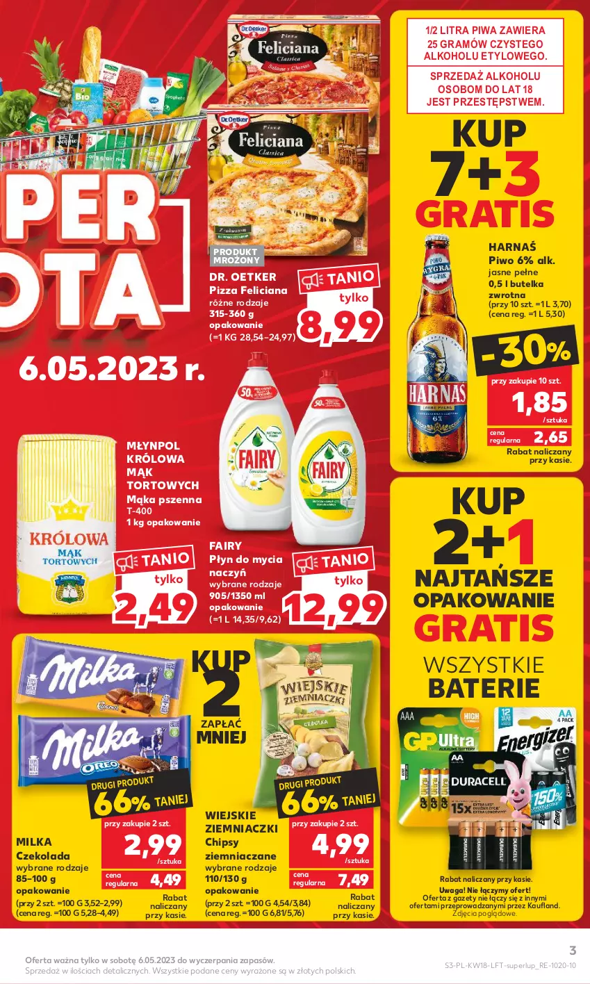 Gazetka promocyjna Kaufland - Gazetka tygodnia - ważna 04.05 do 10.05.2023 - strona 3 - produkty: Chipsy, Czekolada, Do mycia naczyń, Dr. Oetker, Fa, Fairy, Feliciana, Gra, Harnaś, Mąka, Mąka pszenna, Milka, Młynpol, Piwa, Piwo, Pizza, Płyn do mycia, Płyn do mycia naczyń, Waga