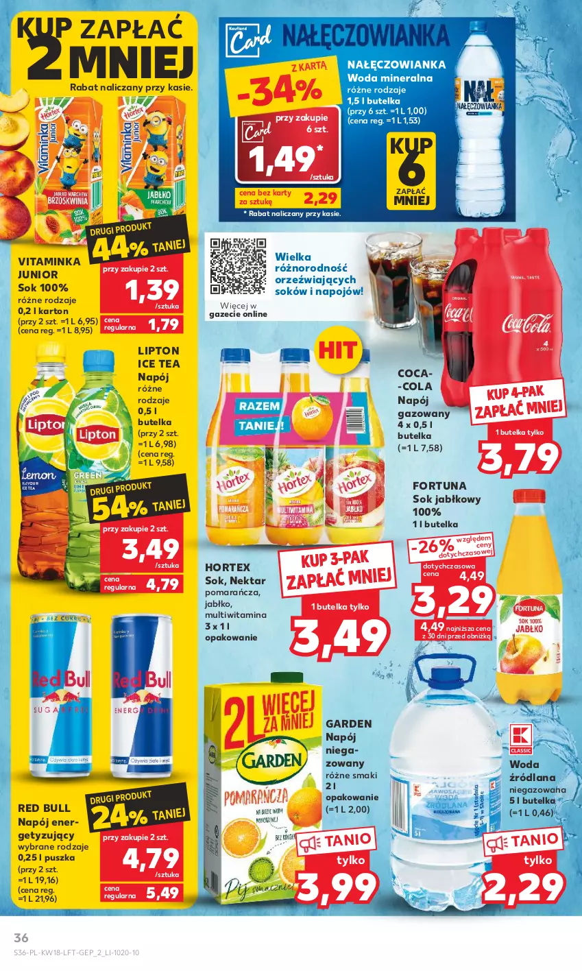 Gazetka promocyjna Kaufland - Gazetka tygodnia - ważna 04.05 do 10.05.2023 - strona 36 - produkty: Coca-Cola, Fortuna, Hortex, Ice tea, Inka, LANA, Lipton, Nałęczowianka, Napój, Napój gazowany, Napój niegazowany, Nektar, Red Bull, Sok, Sok jabłkowy, Woda, Woda mineralna