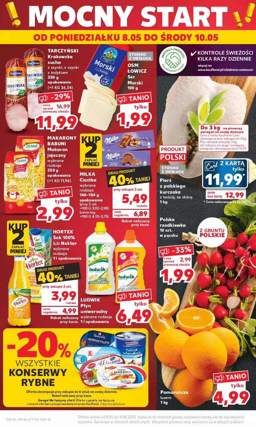 Gazetka promocyjna Kaufland - Gazetka tygodnia - ważna 04.05 do 10.05.2023 - strona 56 - produkty: Babuni, Ciastka, Grunt, Hortex, Kurczak, Ludwik, Makaron, Milka, Nektar, Pomarańcze, Rzodkiewka, Ser, Sok, Tarczyński, Waga