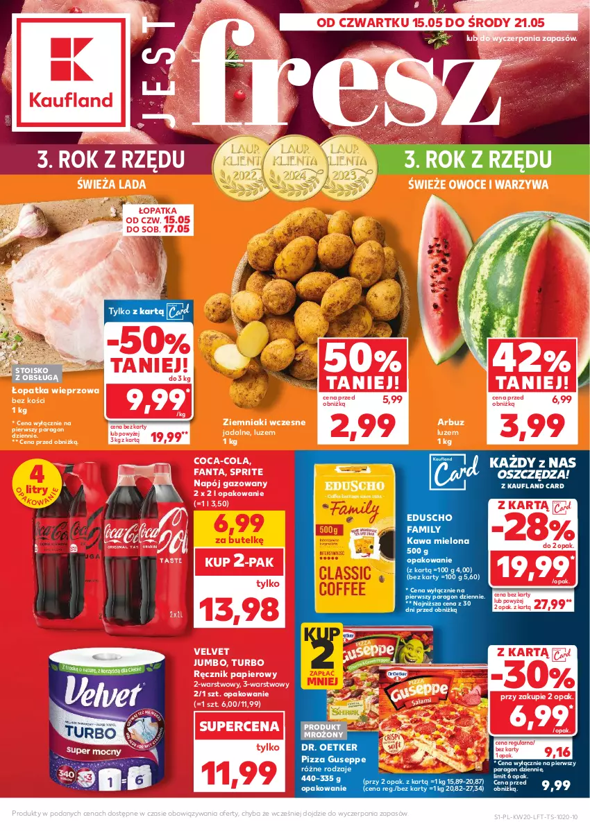 Gazetka promocyjna Kaufland - Gazetka tygodnia - ważna 15.05 do 21.05.2025 - strona 1 - produkty: Arbuz, Coca-Cola, Dr. Oetker, Fa, Fanta, Kawa, Kawa mielona, Napój, Napój gazowany, Owoce, Papier, Pizza, Ręcznik, Sprite, Velvet, Warzywa, Ziemniaki