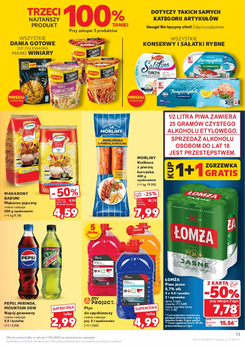 Gazetka promocyjna Kaufland - Gazetka tygodnia - ważna 15.05 do 21.05.2025 - strona 13 - produkty: Babuni, Dania gotowe, Gra, Kiełbasa, Kurczak, Makaron, Mirinda, Morliny, Napój, Napój gazowany, Pepsi, Piwa, Piwo, Piwo jasne, Sałat, Ser, Waga, Winiary