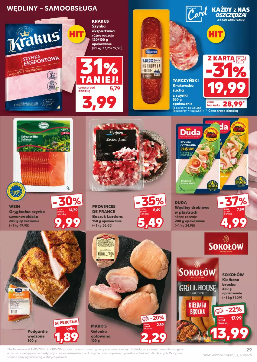 Gazetka promocyjna Kaufland - Gazetka tygodnia - ważna 15.05 do 21.05.2025 - strona 29 - produkty: Boczek, Duda, Gin, Kiełbasa, Krakus, Por, Sok, Sokołów, Sport, Szynka, Tarczyński