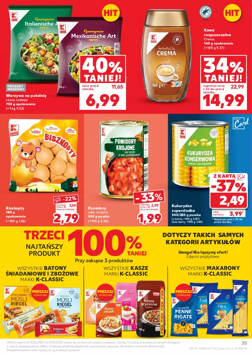 Gazetka promocyjna Kaufland - Gazetka tygodnia - ważna 15.05 do 21.05.2025 - strona 35 - produkty: Baton, Biszkopty, Danio, Kawa, Kawa rozpuszczalna, Kukurydza, Makaron, Pomidory, Waga, Warzywa