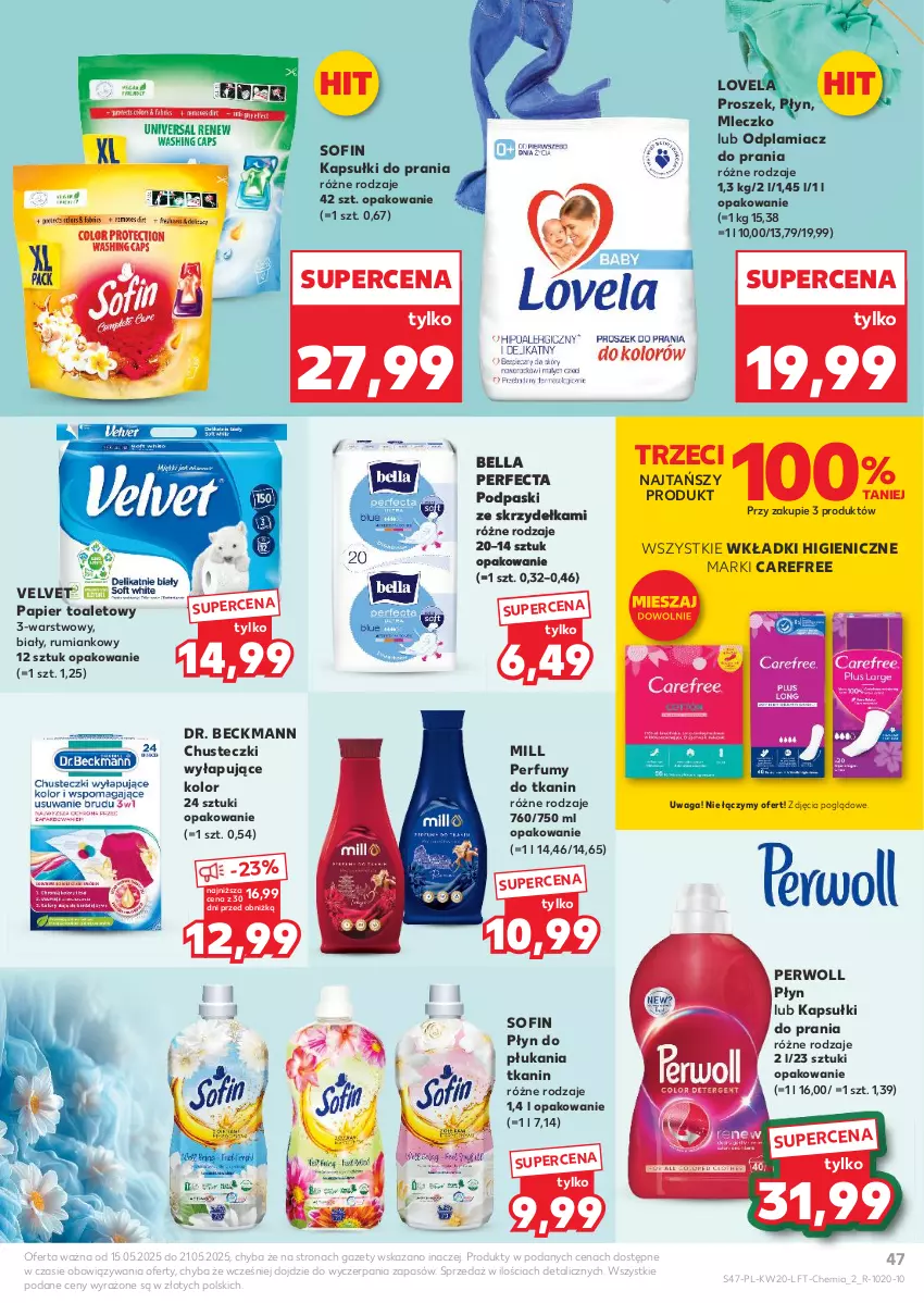 Gazetka promocyjna Kaufland - Gazetka tygodnia - ważna 15.05 do 21.05.2025 - strona 47 - produkty: Bell, Bella, Carefree, Chusteczki, Kapsułki do prania, Lovela, Mleczko, Odplamiacz, Papier, Papier toaletowy, Perfecta, Perfum, Perwoll, Płyn do płukania, Podpaski, Podpaski ze skrzydełkami, Rum, Velvet, Waga, Wkładki