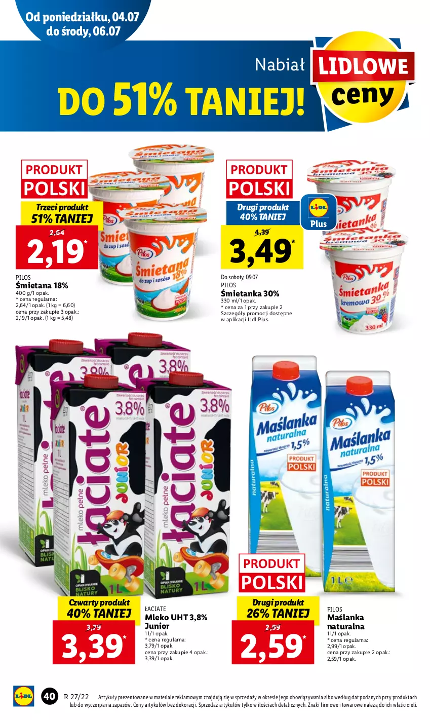 Gazetka promocyjna Lidl - GAZETKA - ważna 07.07 do 09.07.2022 - strona 40 - produkty: Maślanka, Mleko, Pilos