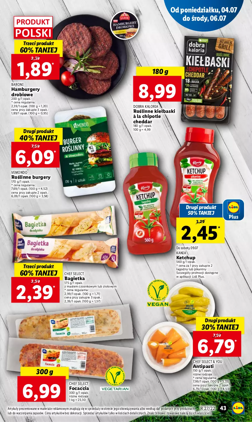 Gazetka promocyjna Lidl - GAZETKA - ważna 07.07 do 09.07.2022 - strona 43 - produkty: Bagietka, Burger, Cheddar, Focaccia, Hamburger, Ketchup, Roślinne kiełbaski