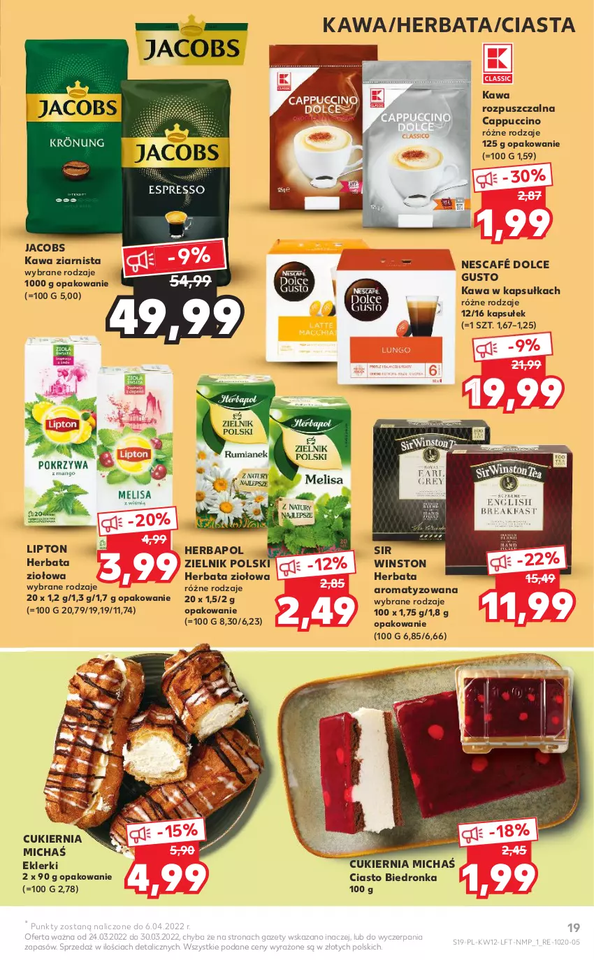 Gazetka promocyjna Kaufland - OFERTA TYGODNIA - ważna 24.03 do 30.03.2022 - strona 19 - produkty: Cappuccino, Cukier, Dolce Gusto, Herbapol, Herbata, Jacobs, Kawa, Kawa rozpuszczalna, Kawa ziarnista, Lipton, Nescafé, Winston