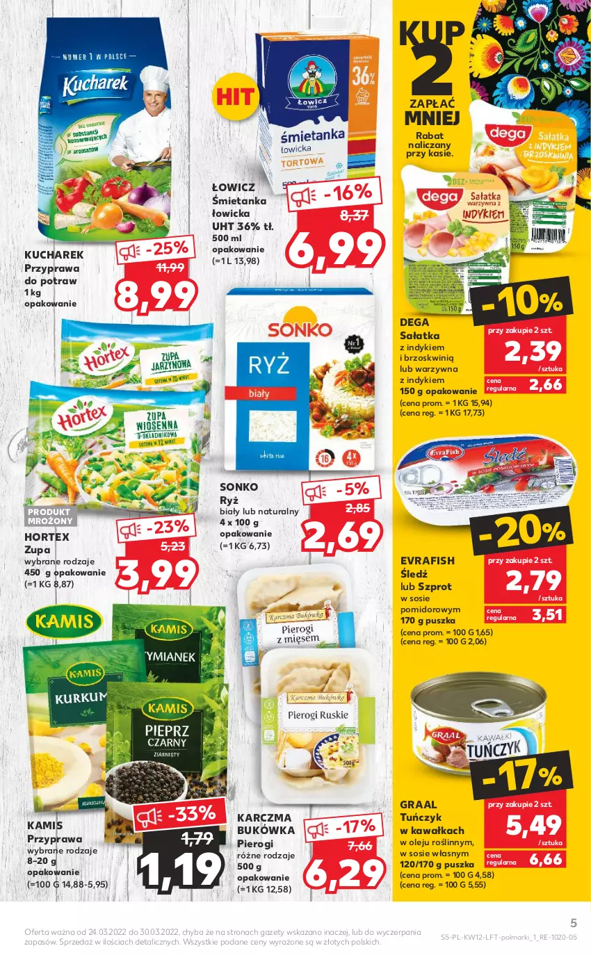 Gazetka promocyjna Kaufland - OFERTA TYGODNIA - ważna 24.03 do 30.03.2022 - strona 5 - produkty: Dega, Gra, Graal, Hortex, Kamis, Kawa, Kucharek, Olej, Olma, Pierogi, Przyprawa do potraw, Ryż, Sałat, Sałatka, Sonko, Sos, Szprot, Szprot w sosie, Tuńczyk, Zupa