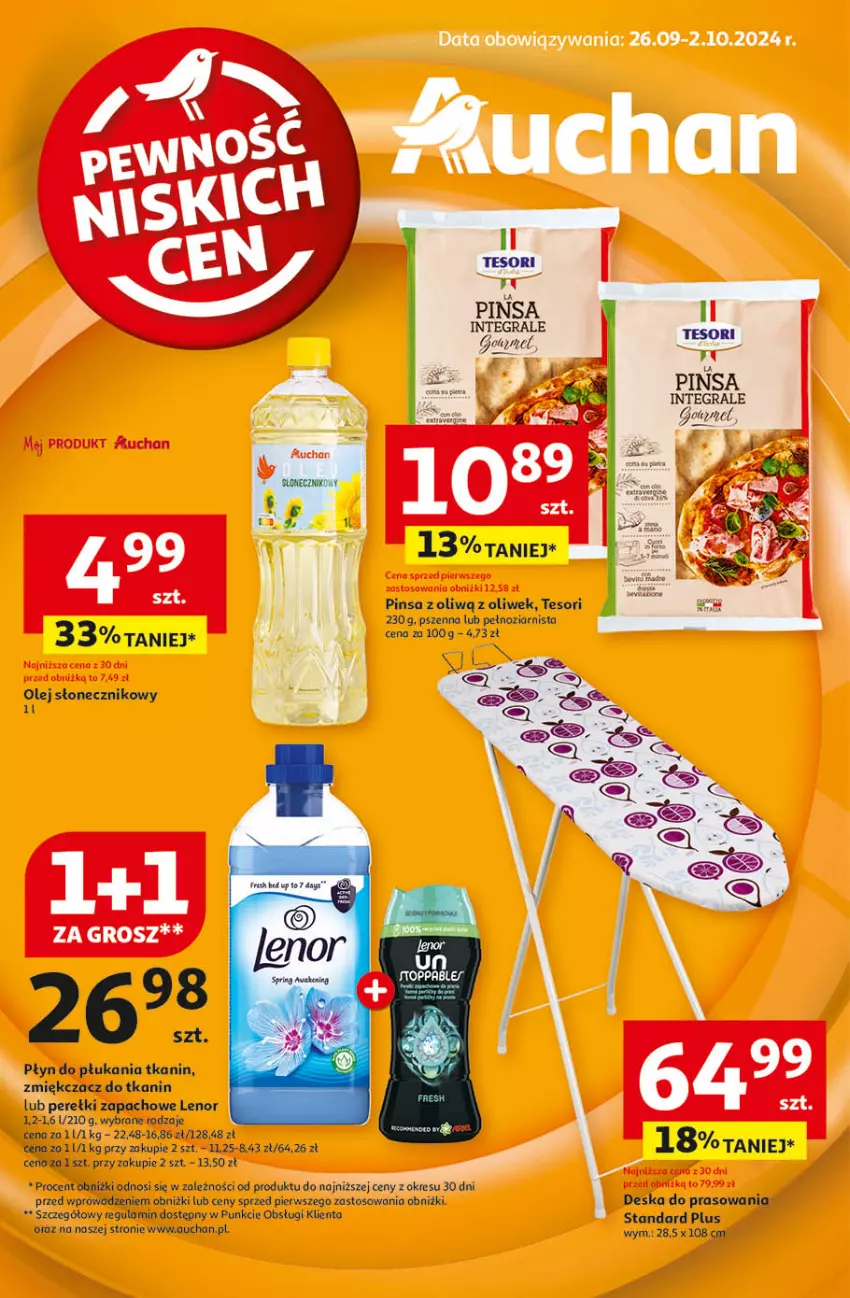 Gazetka promocyjna Auchan - Pewność Niskich Cen Hipermarket - ważna 26.09 do 02.10.2024 - strona 1 - produkty: Deska do prasowania, Gra, Lenor, Olej, Olej słonecznikowy, Perełki zapachowe, Płyn do płukania