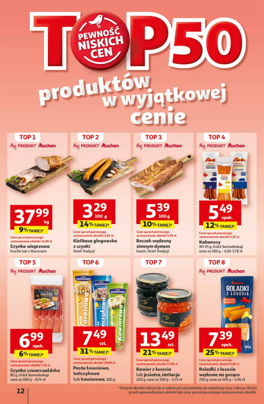 Gazetka promocyjna Auchan - Pewność Niskich Cen Hipermarket - ważna 26.09 do 02.10.2024 - strona 14 - produkty: Boczek, Fa, Kabanos, Kawior, Kiełbasa, Kiełbasa głogowska, Sos, Szynka, Szynka wieprzowa, Top, Tuńczyk