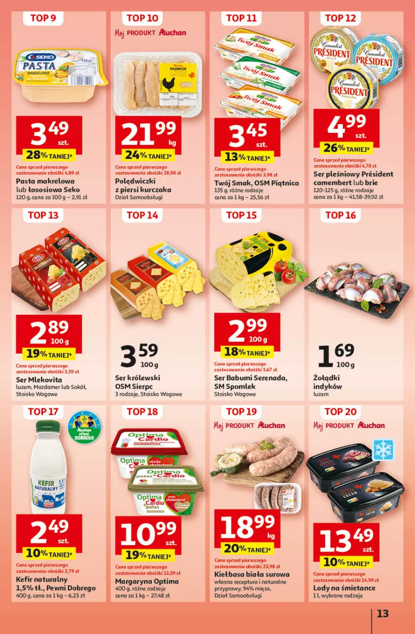 Gazetka promocyjna Auchan - Pewność Niskich Cen Hipermarket - ważna 26.09 do 02.10.2024 - strona 15 - produkty: Brie, Camembert, Kefir, Kefir naturalny, Kiełbasa, Kiełbasa biała, Królewski, Kurczak, Lody, Margaryna, Mleko, Mlekovita, Optima, Piątnica, Przyprawy, SEKO, Ser, Ser pleśniowy, Sok, Sokół, Sos, Top, Twój Smak