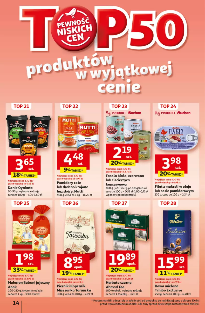 Gazetka promocyjna Auchan - Pewność Niskich Cen Hipermarket - ważna 26.09 do 02.10.2024 - strona 16 - produkty: Babuni, Fa, Fasola, Filet z makreli, Herbata, Herbata czarna, Kawa, Kawa mielona, Makaron, Makaron babuni, Olej, Piernik, Pomidory, Ser, Sos, Tchibo, Top