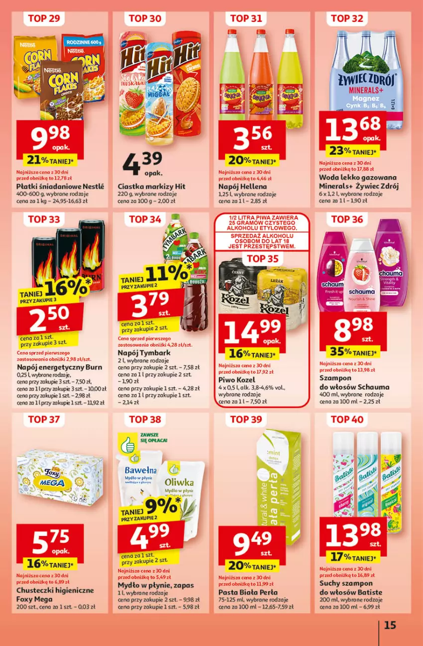 Gazetka promocyjna Auchan - Pewność Niskich Cen Hipermarket - ważna 26.09 do 02.10.2024 - strona 17 - produkty: Batiste, Chusteczki, Ciastka, Danio, Foxy, Gra, Hellena, Kozel, LG, Mydło, Mydło w płynie, Napój, Napój energetyczny, Perła, Piwa, Piwo, Schauma, Suchy szampon, Szampon, Top, Tymbark, Wełna, Woda