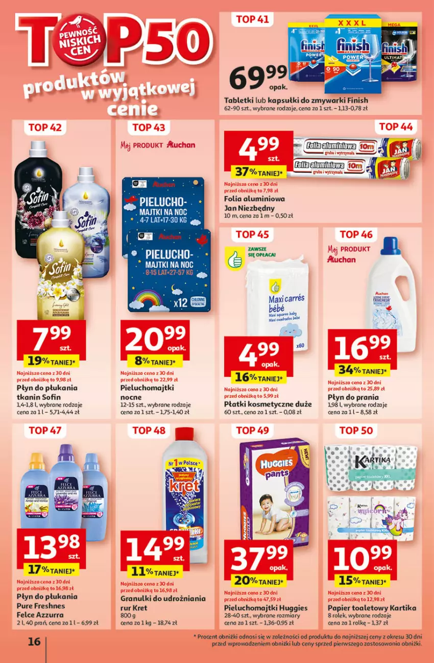 Gazetka promocyjna Auchan - Pewność Niskich Cen Hipermarket - ważna 26.09 do 02.10.2024 - strona 18 - produkty: Finish, Folia aluminiowa, Gra, Huggies, Jan Niezbędny, Kret, Majtki, Papier, Papier toaletowy, Pieluchomajtki, Płatki kosmetyczne, Płyn do płukania, Płyn do prania, Pur, Tablet, Top, Zmywarki