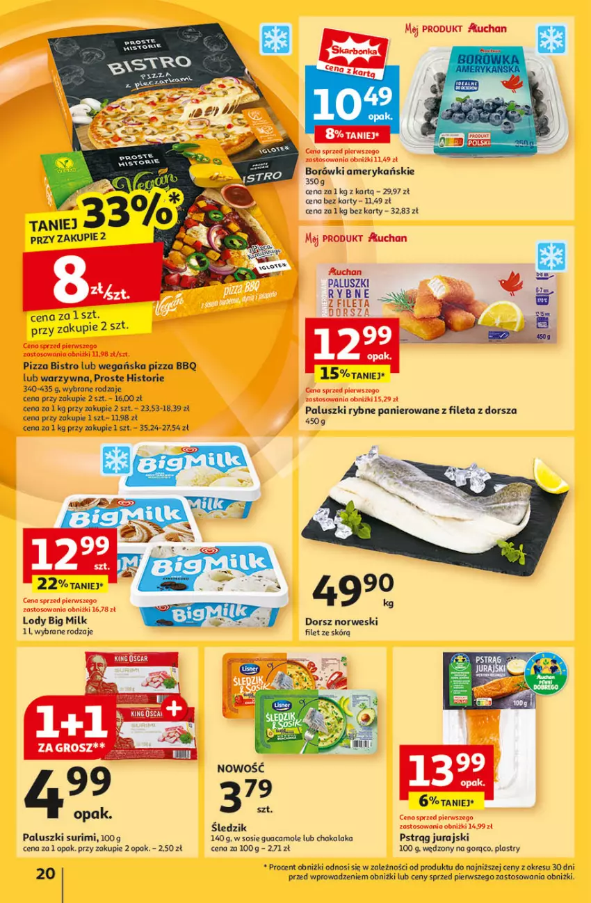 Gazetka promocyjna Auchan - Pewność Niskich Cen Hipermarket - ważna 26.09 do 02.10.2024 - strona 22 - produkty: Amol, Big Milk, Dorsz, Lody, Paluszki rybne, Pizza, Pstrąg, Sos, Surimi