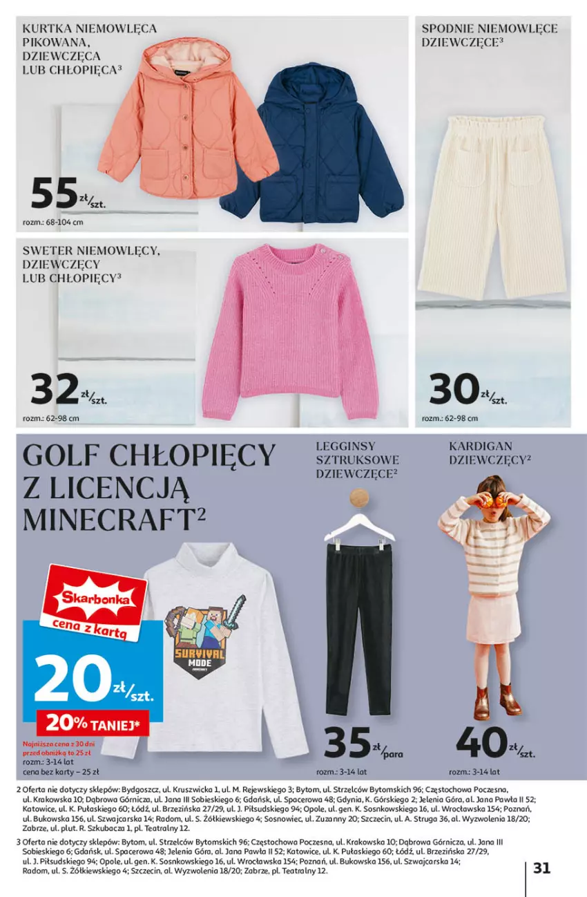 Gazetka promocyjna Auchan - Pewność Niskich Cen Hipermarket - ważna 26.09 do 02.10.2024 - strona 39 - produkty: Acer, Cars, Gin, Kardigan, Kurtka, Legginsy, Minecraft, Sos, Spodnie, Sweter