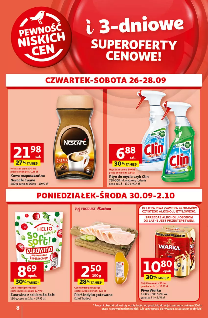 Gazetka promocyjna Auchan - Pewność Niskich Cen Hipermarket - ważna 26.09 do 02.10.2024 - strona 8 - produkty: Clin, Kawa, Kawa rozpuszczalna, Piwo, Płyn do mycia, Sok, Warka